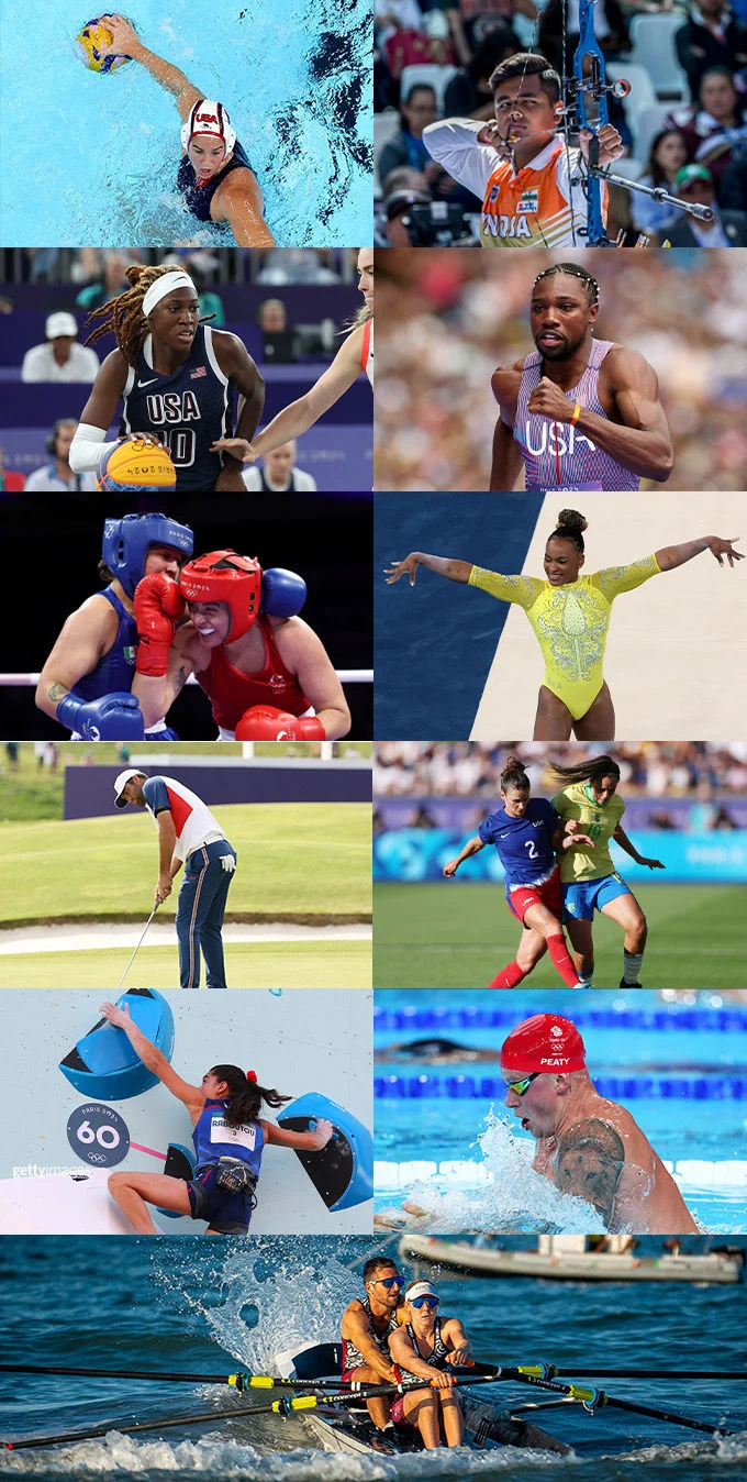 Collage image showing athletes playing different sports including water polo, archery, 3x3 basketball, athletics, sport climbing, golf, artistic gymnastics, boxing, football (soccer), swimming and coastal rowing