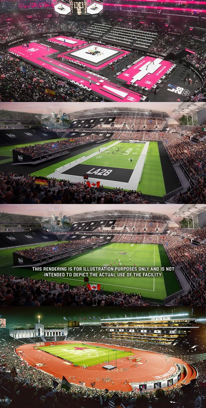 Renderings of four stadiums that will be used for the LA28 Games
