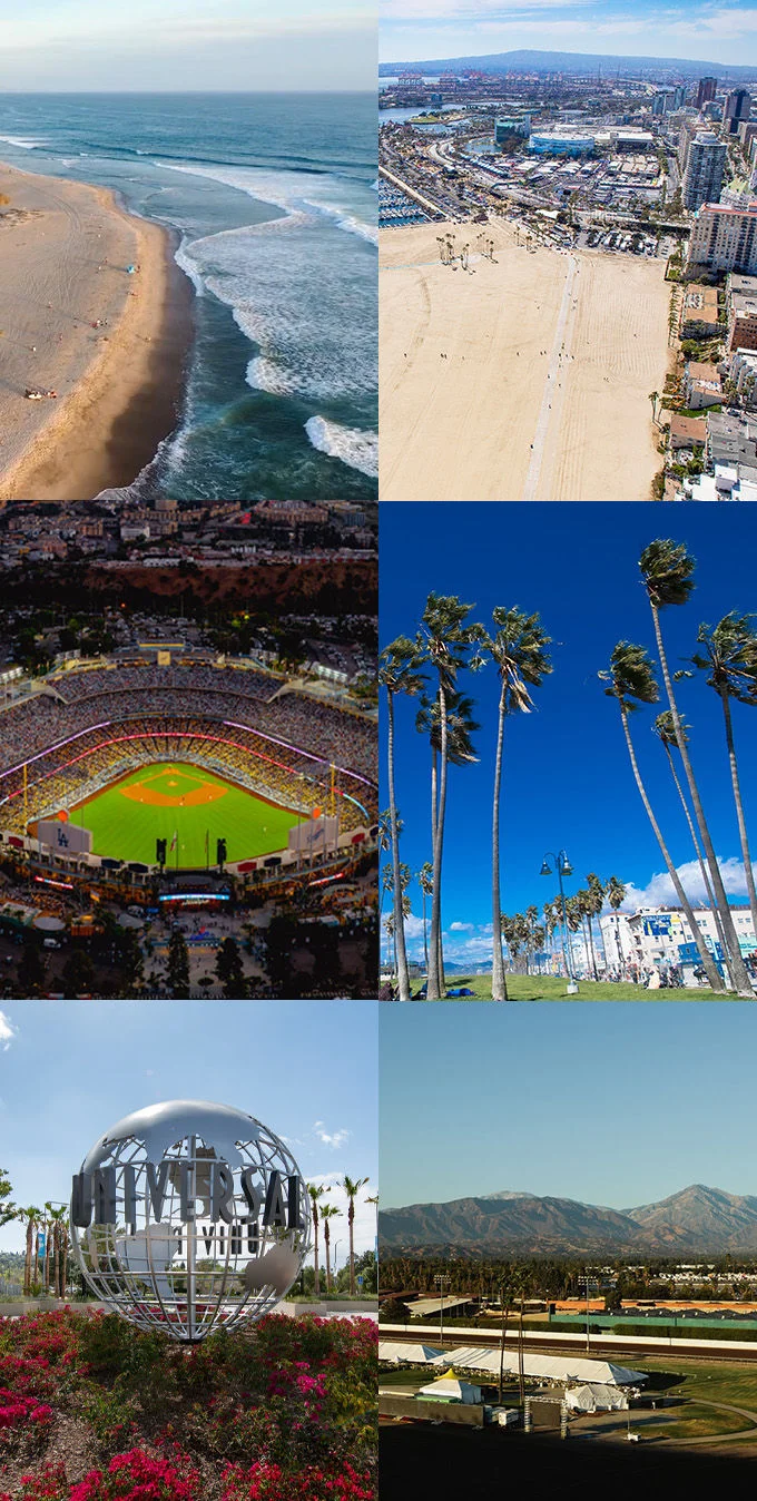 A collage of six Southern California venues featured in the LA28 Olympic and Paralympic Games venues update. From top left to bottom right: a scenic stretch of Trestles beach with waves crashing ashore; the Universal Studios globe surrounded by flowers and palm trees; an aerial view of Alamitos Beach in Long Beach with sandy shores and a marina; tall palm trees lining Venice Beach with bright blue skies; a packed Dodger Stadium lit up during a night game; and the Fairgrounds in Pomona with tents and racetracks set against the San Gabriel Mountains.